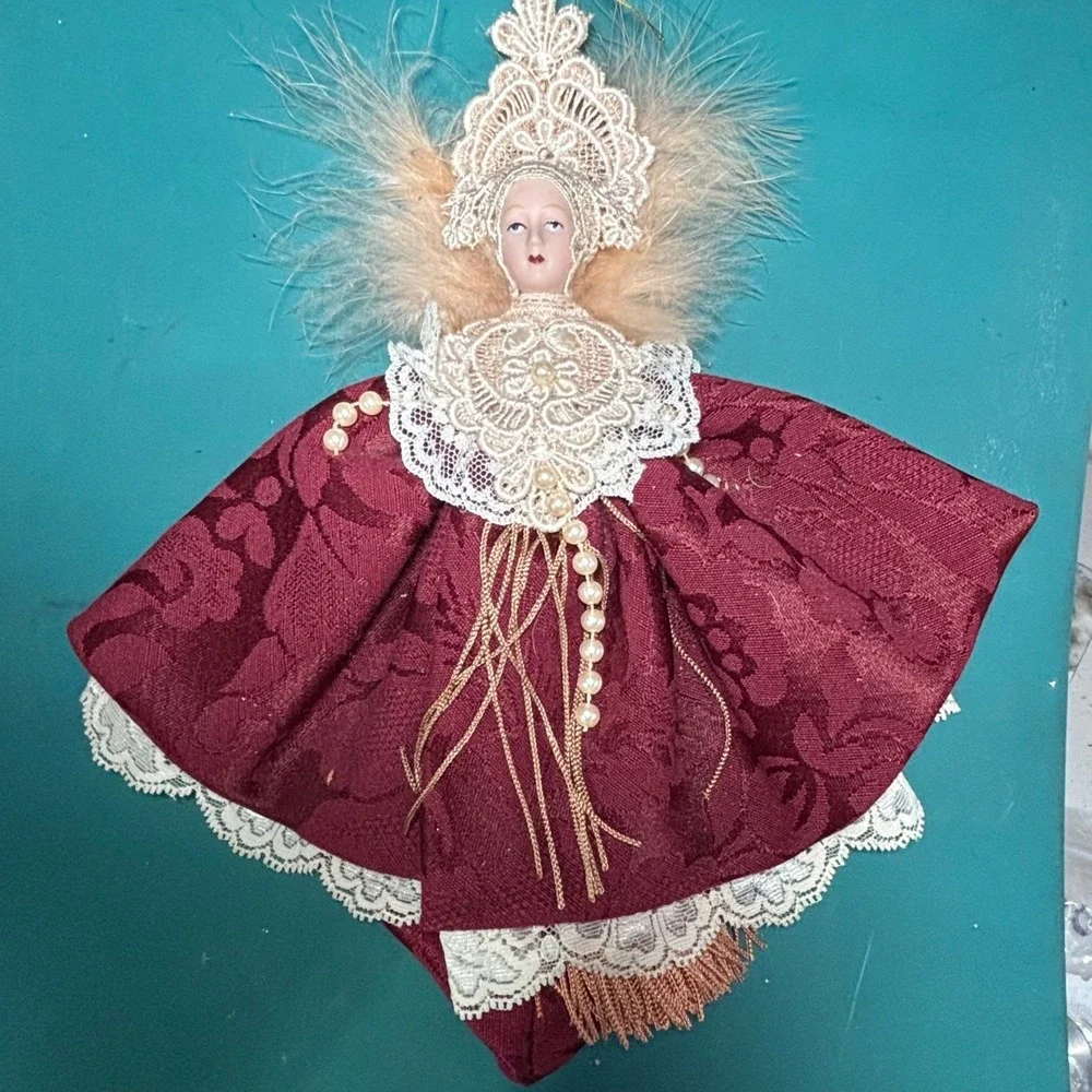 Burgundy Damask Lace Feather Victorian Tassel Doll 11in